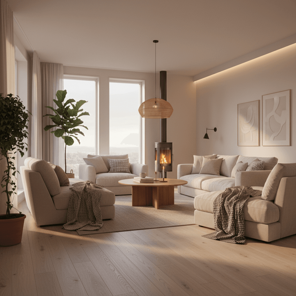 Moderni skandinaavinen olohuone - kotisi.ai auttaa hallitsemaan kotisi